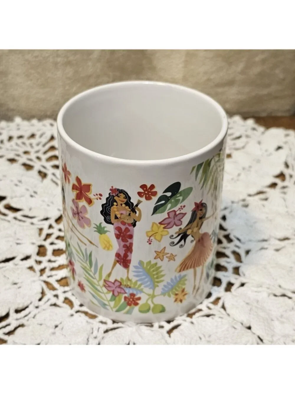 Island Hula Honeys Mug 12 oz White Coffee Cup Hawaiian Florals Hula Dancers Maui